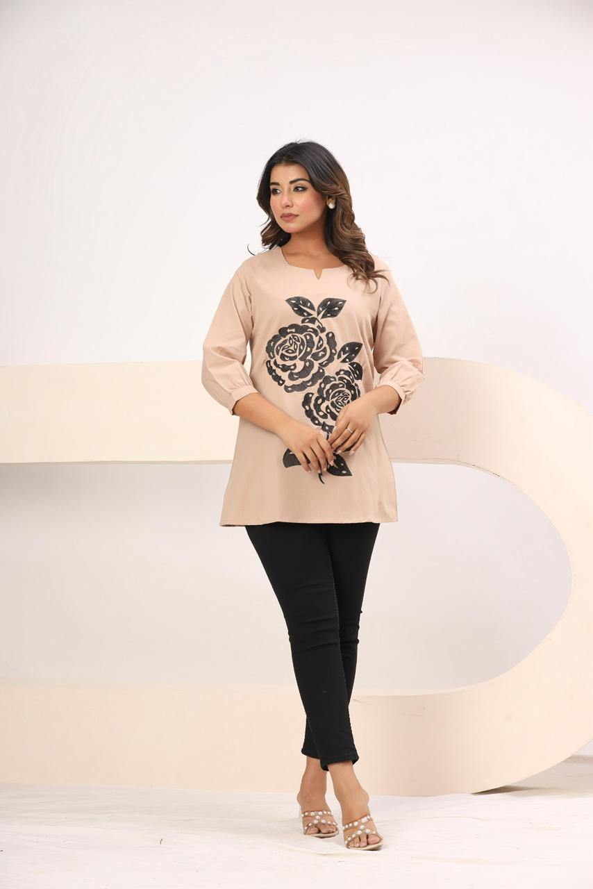 Short Top- Embroidered Beige