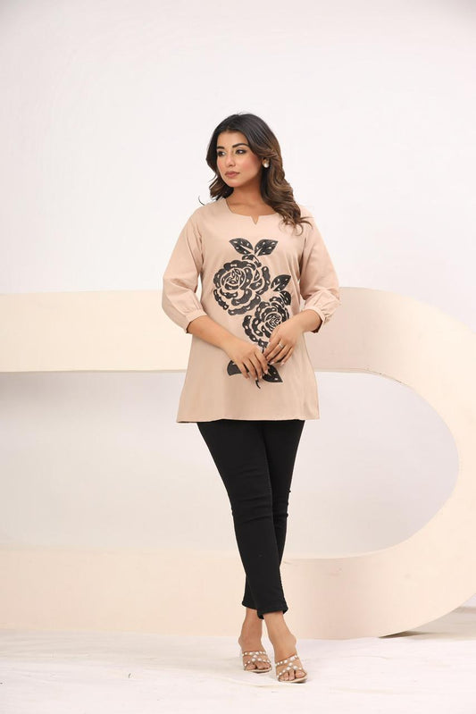 Short Top- Embroidered Beige