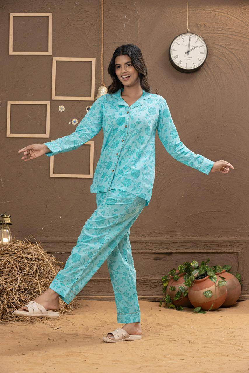 Coord - Night Suit Floral Sky Blue