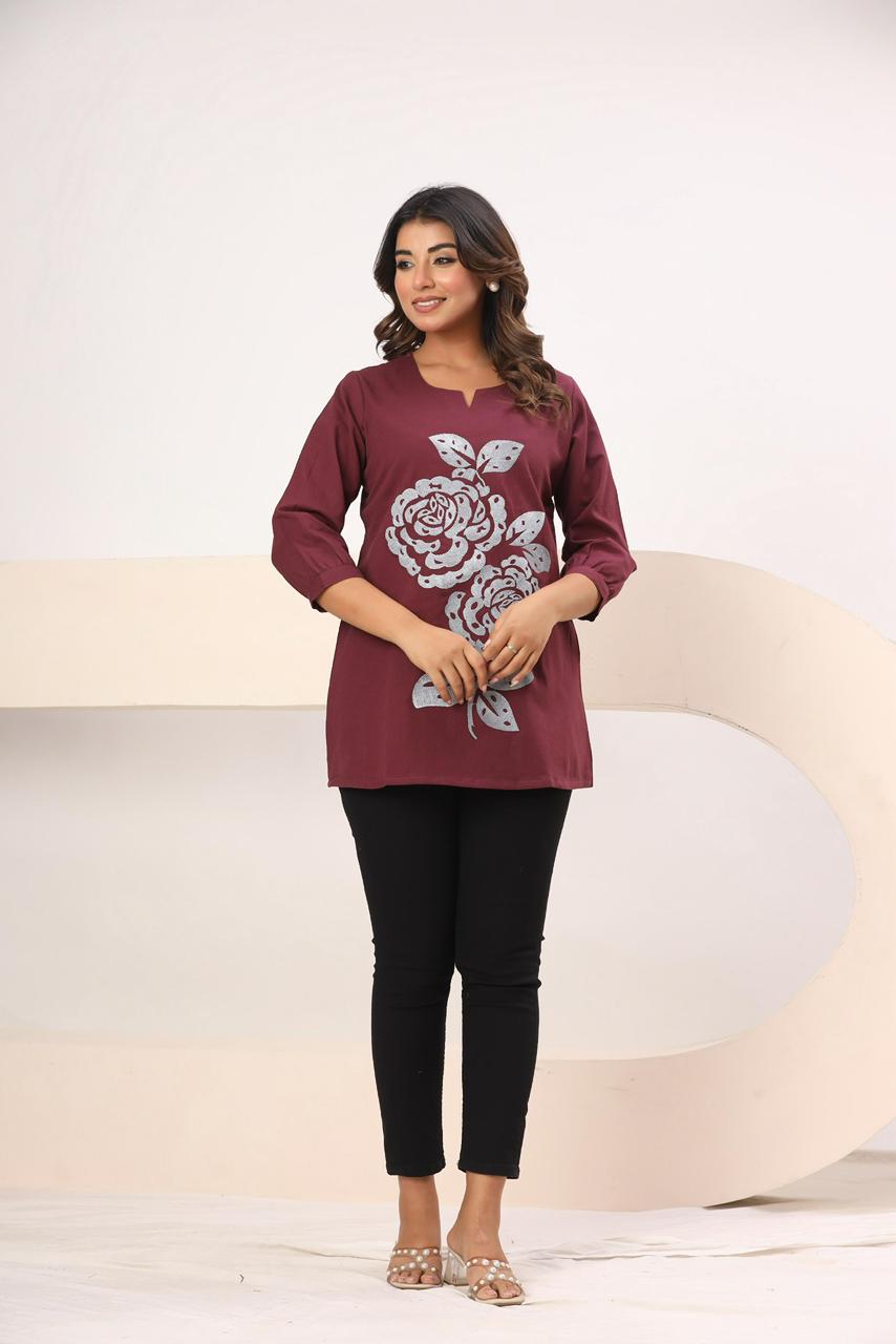 Short Top- Embroidered Wine Hue