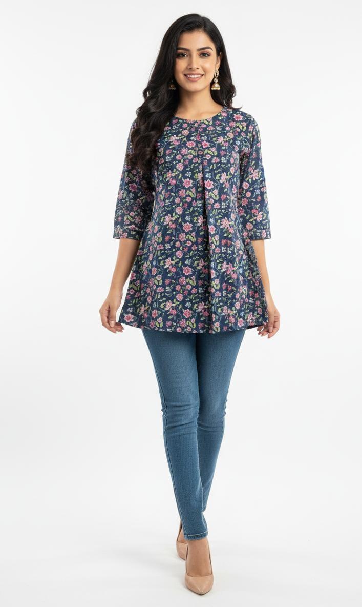 Short Top- Sanganeri Floral Blue