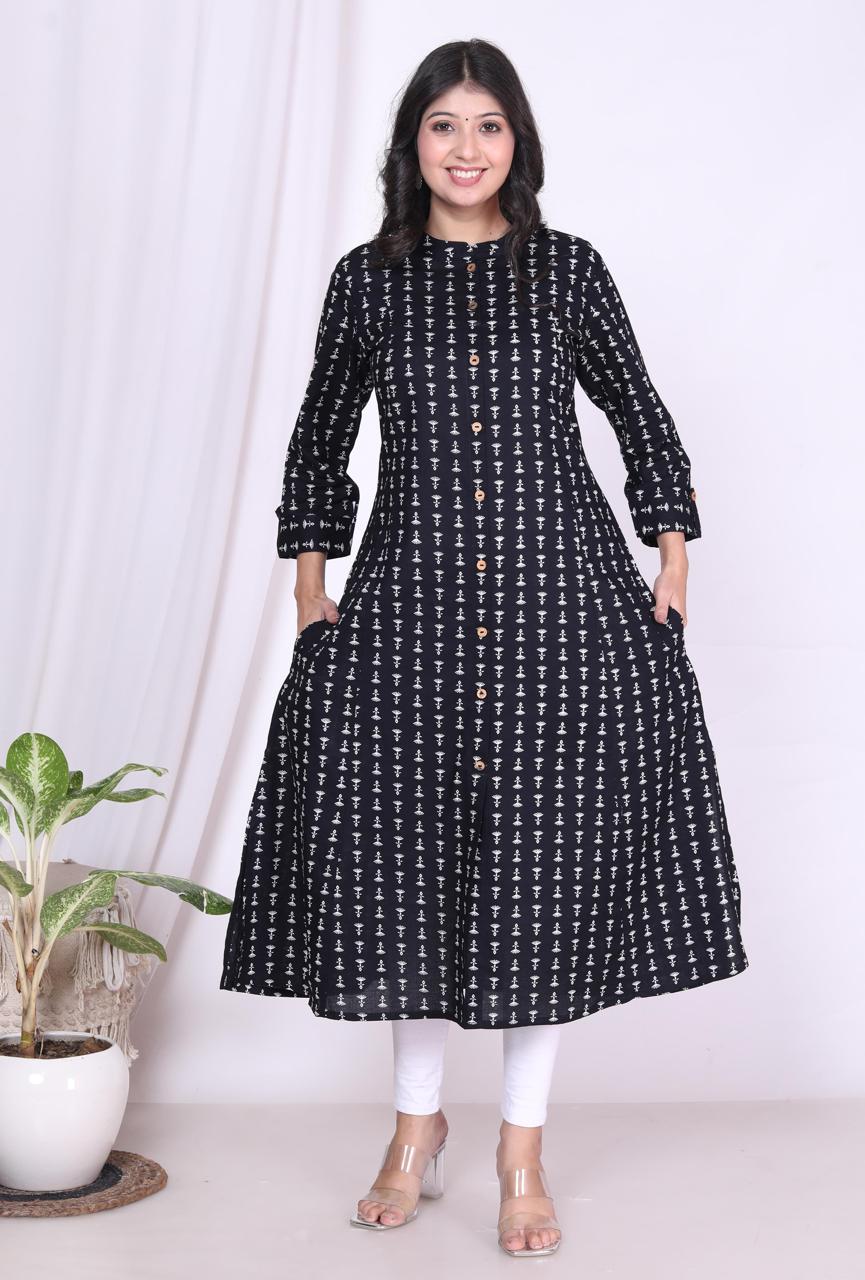 Floral - Black ALine High Neck